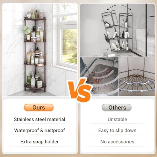 ELYKEN Corner Shower Caddy Standing, 4 Tier Metal Shower Organizer, Bronze | Stainless Steel Shower Shelves with Soap Holder, Adjustable Feet & 2 Hooks for Storing Bath Essentials in Bathroom corner