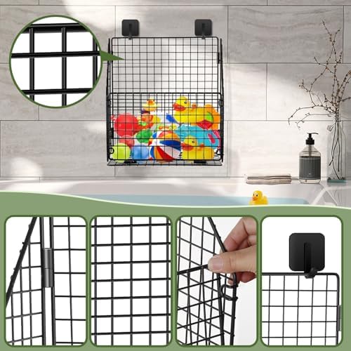 Greentainer Bath Toy Storage Organizer, Large Foldable Bathtub Toy Holder with Drainage, No Drill Adhesive Wall Mounted Rustproof Metal Wire Basket for Bathroom Tub & Shower Toys