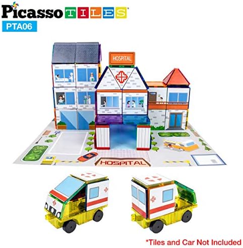 PicassoTiles 80pc School, Hospital, Police Station 3-in-1 Theme Magnet Self Adhesive Backing Stick-On Puzzle Graphic Kit and Overlay Maps for Magnetic Building Blocks STEM Learning Construction Toy