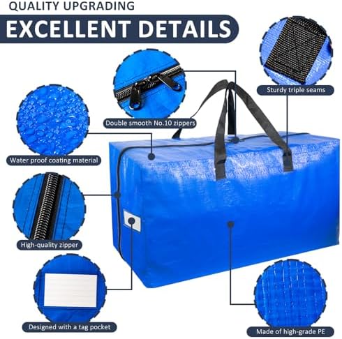 Extra Large Moving Bags, Dinruiag 4 Pack Heavy Duty Storage Bags with Strong Zipper, Blue Packing Bags for Dorm Room Esseentials and Closet Organizers