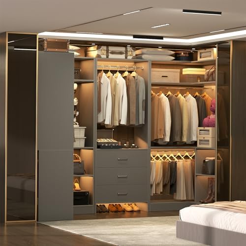 Aheaplus Closet System with Drawer,Hanging Rods, U-Shaped,Set of 3, Grey