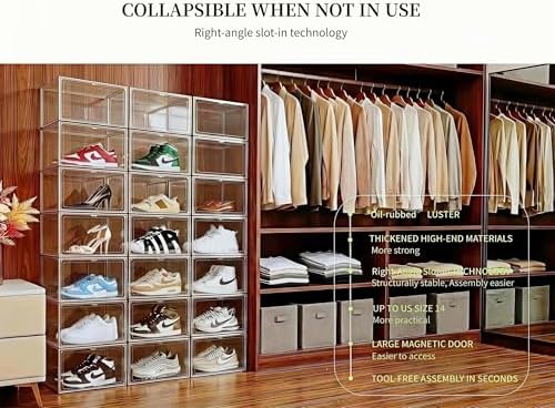 4 Pack Thickened Shoe Boxes Clear Plastic Stackable, Substantial Sneaker Storage Organizers with Lids, Collapsible, Large Magnetic Door, Heavy Duty, Fit Up to US Size 14