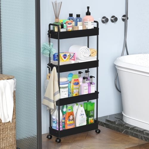SOLEJAZZ Slim Rolling Storage Cart Skinny Bathroom Organizer, 4 Tier, Black