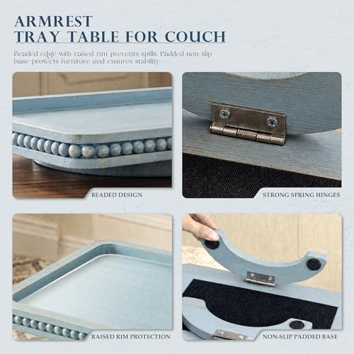 EOSAHR Farmhouse Couch Tray: Foldable Sofa Arm Tray for Drinks & Snack,Blue | 13"×9"×1", Bead Edge, Pine Wood, Anti-Slip Mat, 2 Strong Spring Hinges, Double as Small Coffee Table & Snack Holder