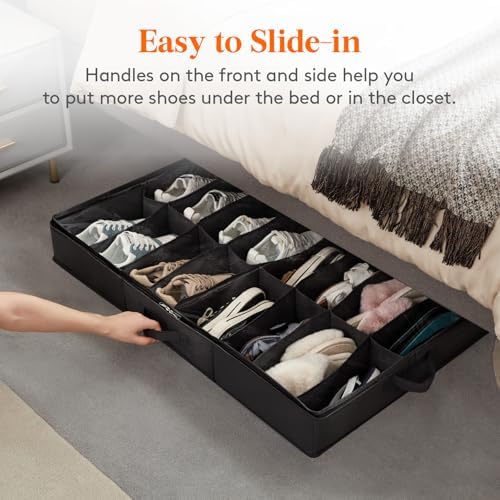 Lifewit Under Bed Shoe Storage Organizer 2 Pack(16 Shoes Cells+4 Boots Cells), 4.3 Inches Profile Fabric Shoes Container Box with Clear Cover, Foldable Storage Bag with 2 Handles, Fits 24 to 40 Pairs