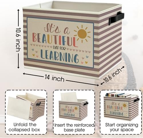 Boho Classroom Storage Bins Box with Handles, It's a Beautiful Day for Learning Neutral Striped Collapsible Basket Organizer for Classroom Kids Room Bedroom Playroom Books Clothes