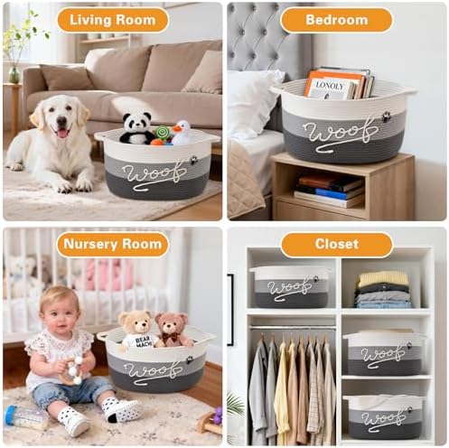 Woof Dog Toy Basket with Handles, Large Dog Toy Storage Bin with Paw Print, Woven Dog Basket for Blankets, Toys, Chews, Pet Toy Box for Nursery, Living Room, Bedroom, 17”x12”x9, Grey