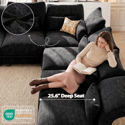LLappuil Modular Sleeper Sectional Sofa 12 Seater Chenille Deep Sectional Couches for Living Room with Storage Ottoman, Adjustable Arms Backs Black