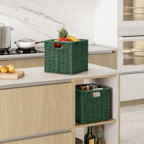 Vagusicc 9 inch Wicker Storage Cubes, Set of 2 Handwoven Wicker Baskets for Storage, Square Cube Organizer Bins, Foldable Paper Rope Storage Baskets for Organizing, Green
