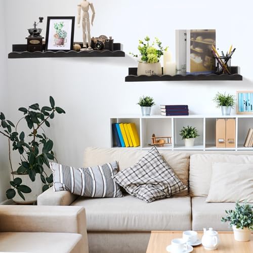 Suzile 2 Pcs Scalloped Floating Wall Shelves,23",Black | Scalloped Edge, Book Display, Plant Display, Photo Frames, Toy Storage, Nursery, Bedroom, Bathroom, Aesthetic Decor