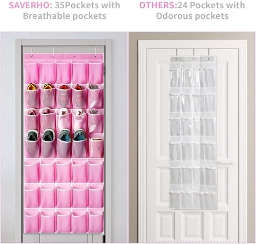 SAVERHO 35 Pockets Over the Door Shoe Organizer, Hanging Shoe Organizer for Door with 35 Mesh Pockets Large Capacity Shoe Hanging Storage Bag with 4 Metal Hooks (Pink-1Pack)