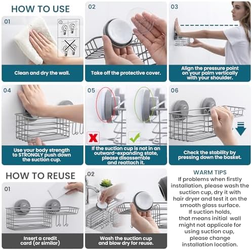TAILI Shower Caddy Suction Cup 2 Pack with Hooks & Soap Holder, Heavy Duty Shower Organizer for Bathroom, No Drilling Bathroom Organizer with Large Capacity, Metal Storage Holder-Grey