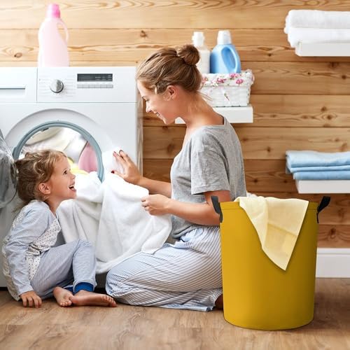 Large Laundry Hamper Bag, Mustard Yellow Collapsible Laundry Basket with Drawstring Dirty Clothes Organizer Washing Bin for Family Essentials Storage