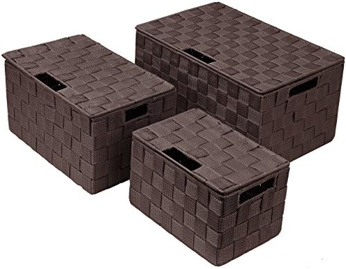 Sorbus Storage Basket with Lid, 3-Piece Woven Set for Shelves (Chocolate)
