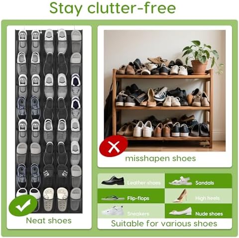 Over the Door Shoe Organizer with 40 Large Breathable Mesh Pockets, Space Saving Shoe Holder, Hanging Shoe Rack for Entryway Bedroom Closet Storage (Black, 80 Pockets)