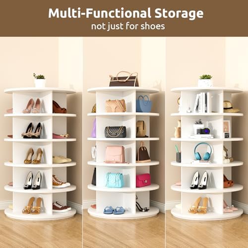 Rotating Shoe Rack 5 Tier Spinning Shoes Organizer Tower for 20-24 Pairs Lazy Susan 360 Revolving Shoe Storage Cabinet Rotate Shoe Handbag Rack Round Carousel for Closet, Bedroom (White)