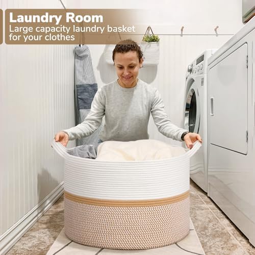 CHICVITA XXL Cotton Rope Woven Blanket Basket with Handles, White & Brown