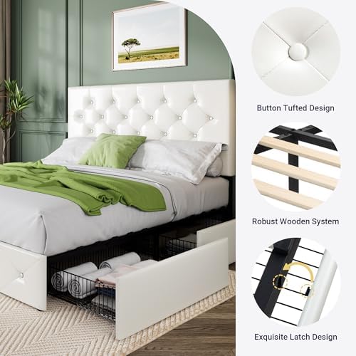 Allewie Full Size Storage Bed Frame with 4 Underbed Drawers, White