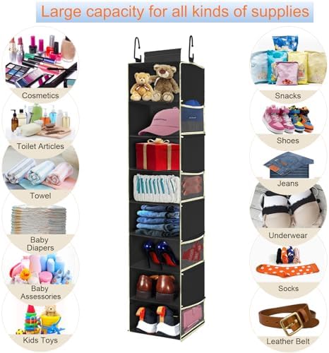 2 Pack Large-Sized Hanging Shoe Organizer 8-Shelf, Hanging Closet Organizer with 8 Side Pockets, Wider Hanging Shelves for Storage Shoes Clothes 9" W × 11.8" D× 48" H, Black.