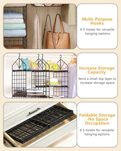 2 Pack Hanging Closet Organizer and Storage, 5 Tier & 3 Tier Metal Wire Closet Shelves with 8 S Hooks, Hanging Storage Shelf for Clothes Shoes Sweaters Handbags Laundry