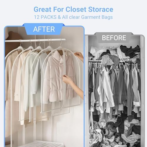 Garment Bags for Hanging Clothes 24'' x 40'' (Set of 12) Coat Covers for Closet Foldable Washable Dress Bags for Hanging Clothes for Long Dress Dance Costumes Suits Gowns Coats