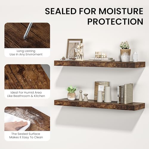 FLYJOE Floating Shelves for Wall, 40"W x 8"D x 1.5"H, Wooden Wall Mounted Display Shelves with Invisible Brackets for Living Room, Bedroom, Bathroom, Kitchen Decor and Storage, Set of 2, Rustic Brown
