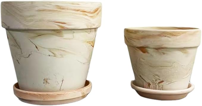 Macchiato Two-Tone Terracotta Plant Pots with Trays, Breathable Unglazed Clay, Medium-Low Temperature Fired, Set of 2/3/4/6/8 for Indoor Outdoor Plants