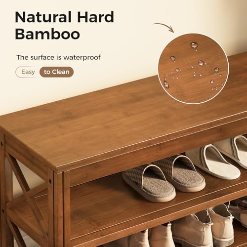Bamworld Shoe Rack Bench with Storage 3 Tier Bamboo Shoe Bench Entryway Rustic Entryway Bench (X-Brown, 23.6 Inch