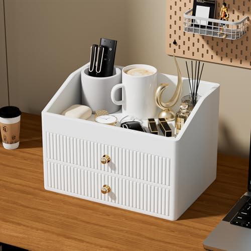 LADSTAG Desk Organizer,Beige White Vegan Leather Desk Accessories & Workspace Organizers with 2 Drawers & Tray,Key Holder with Gold-Tone Metal Accents knob,Jewelry Box,Nightstand