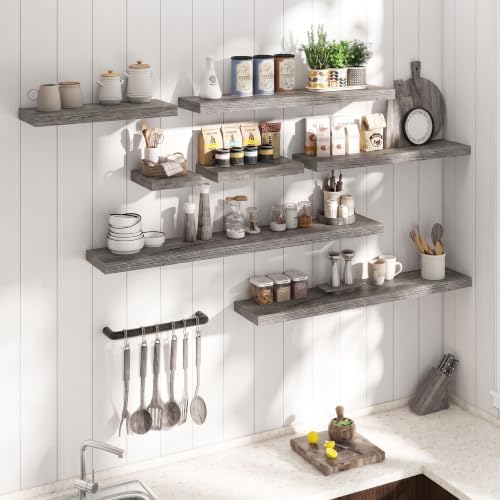 36 Inch Floating Shelves for Wall 2 Pack, 8"D Wood Grain Bathroom Shelves | Invisible Brackets, Grey Oak Finish, Easy Install | Engineered Wood Storage Shelves for Kitchen, Study, Bedroom