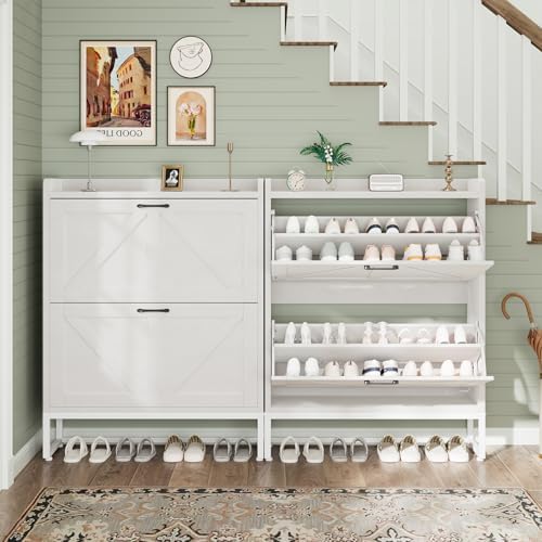 GRUSIGN Shoe Cabinet, Shoe Storage Cabinet with 2 Flip Drawers & Adjustable Shelf, Space-Saving Shoe Organizer – Holds 16+ Pairs, Narrow Shoe Cabinet Storage for Entryway/Hallway(White)