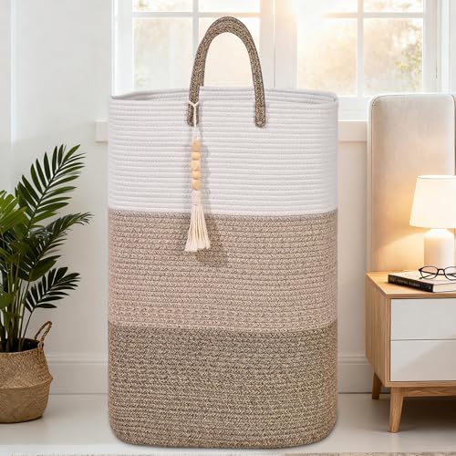 Woven Laundry Basket for Clothes,100 L Large Rectangle Laundry Hampers with Beads Tassel, Nursery Storage Basket for Toys, Tall Dirty Clothes Hamper for Bedroom Aesthetic, Laundry Room Organization