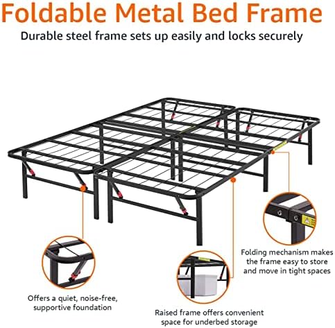 Amazon Basics Bed Frame with Storage, Foldable Metal Platform, Sturdy Steel, No Box Spring Needed, 14 inches High, Tool-Free Easy Assembly, Noise-Free, King Size, Black