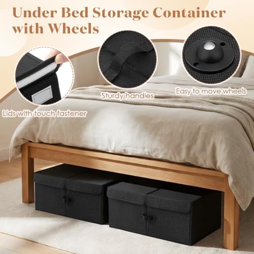 Geelin 4 Pack Under Bed Storage with Wheels, 10 Inch Height 65L Large Capacity Foldable Underbed Storage Bins with Lids & Handles, Easy Assembly Rolling Under Bed Containers for Clothes Blankets Shoes