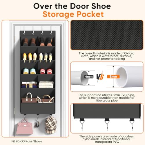 5 Tier Over the Door Shoe Organizer with 3 Bottom Hooks, Beige