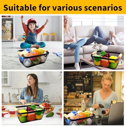 8 Pcs Black Wire Basket with Wooden Handle, Pantry Storage Bins