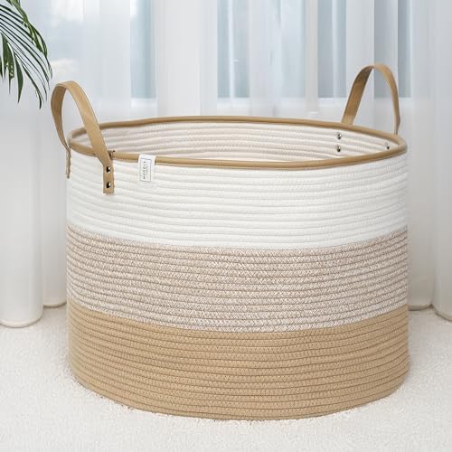 XXXL Vegan Leather Cotton Rope Blanket Durable Handles 85L 2PCs Decorative Woven Baskets for Storage - Soft Durable XXX Large Cotton Rope Blanket Storage Living Room, Toys 22" x 14" (Brown/White)
