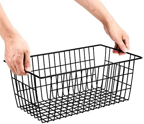 SANNO Freezer Baskets Wire Storage Baskets Closet Baskets Bin Farmhouse Organizer Storage Bins Large Organizer Bins for Home, Office, Bathroom, Pantry Organization Storage -Black Set of 2, 15.7"