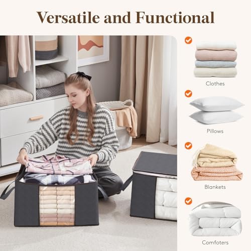 Lifewit 10 Pack 90L Clothes Storage Bins with Lids, Foldable Blanket Storage Bags with Zippers, Clear Window and Reinforced Handles, Closet and Organization for Clothing, Sweater, Comforter, Bedding