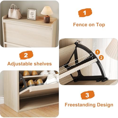 GarveeHome Shoe Cabinet with 3 Flip Drawers, Wooden Shoe Organizer Cabinet with Adjustable Shelf, Shoe Storage for Entryway, Hidden Shoe Cabinet for Hallway, Living Room, Natural Oak