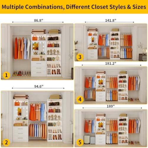 Closet System with 2 Sets, 4FT-15FT Modular Closet Organizer Systems with 3 Wooden Drawers 8 Shelves & 5 Hanging Rods, Custom Walk in Closet freestanding Closet Storage System White