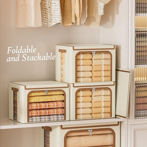 Yecaye Clothes Storage Bins with Lids & Clear Window, Beige, 40L, 3 Pack