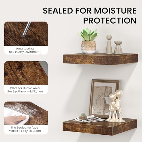 FLYJOE Square Floating Shelves for Wall, 10"W x 10"D x 1.4"H, Small Wooden Wall Mounted Display Shelf with Invisible Brackets for Living Room, Bedroom, Bathroom, Kitchen Decor, Set of 4, Rustic Brown