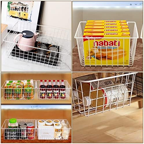 4 Pack Freezer Organizer Bins, White Wire Baskets with Handles