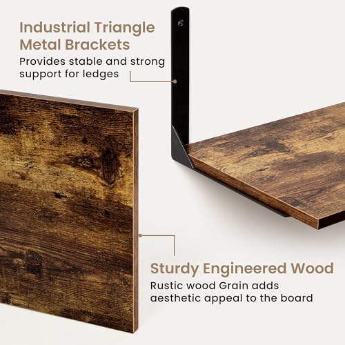 Fun Memories Rustic Brown 12 Inch Deep Floating Shelves Set of 2, Wall Mounted Shelf with Metal Brackets, Rustic Wood Wall Shelf for Bathroom, Kitchen and Living Room, Rustic Brown, 16W x 12D