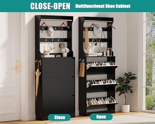 Shoe Cabinet for Entryway with 3 Flip Drawers, Black Tall Shoe Storage Cabinet with Coat Rack, Wood Narrow Slim Hidden Freestanding Shoe Rack Organizer, 2 in 1 Hall Tree for Living Room, Hallway