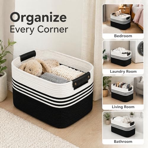 Cotton Rope Laundry Basket Large, 19.2GAL Collapsible Woven Storage Baskets for Living Room Kids Toys Stuffed Animal,Boho Rectangular Decorative Short Hamper for Dirty Clothes, Blankets White Black
