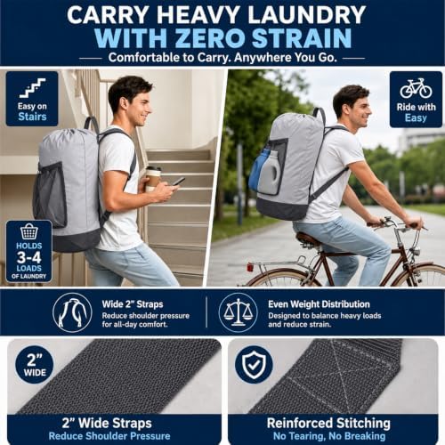 Backpack Laundry Bag, Durable polyster Laundry Backpack Bag with Shoulder Straps, Drawstring Closure & Mesh Pocket, Large Clothes Hamper for Dorm, Travel, Laundromat (Gray)