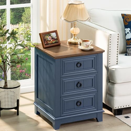 Joaxswe Farmhouse Nightstand Set 2, 18'' End Table | Sofa Bed Side Table with 3 Drawers, Blue Night Stand Cabinet for Organizer Bedroom Living Room