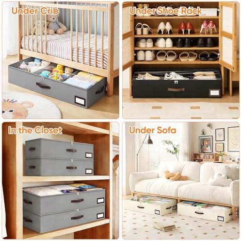OIAHOMY 2 Pack 53L Under Bed Storage with Adjustable Dividers, 6" Low Profile Underbed Storage Bins for Comforters & Clothes, Save Closet Space with Clear View Lid & Reinforced Handles, Black